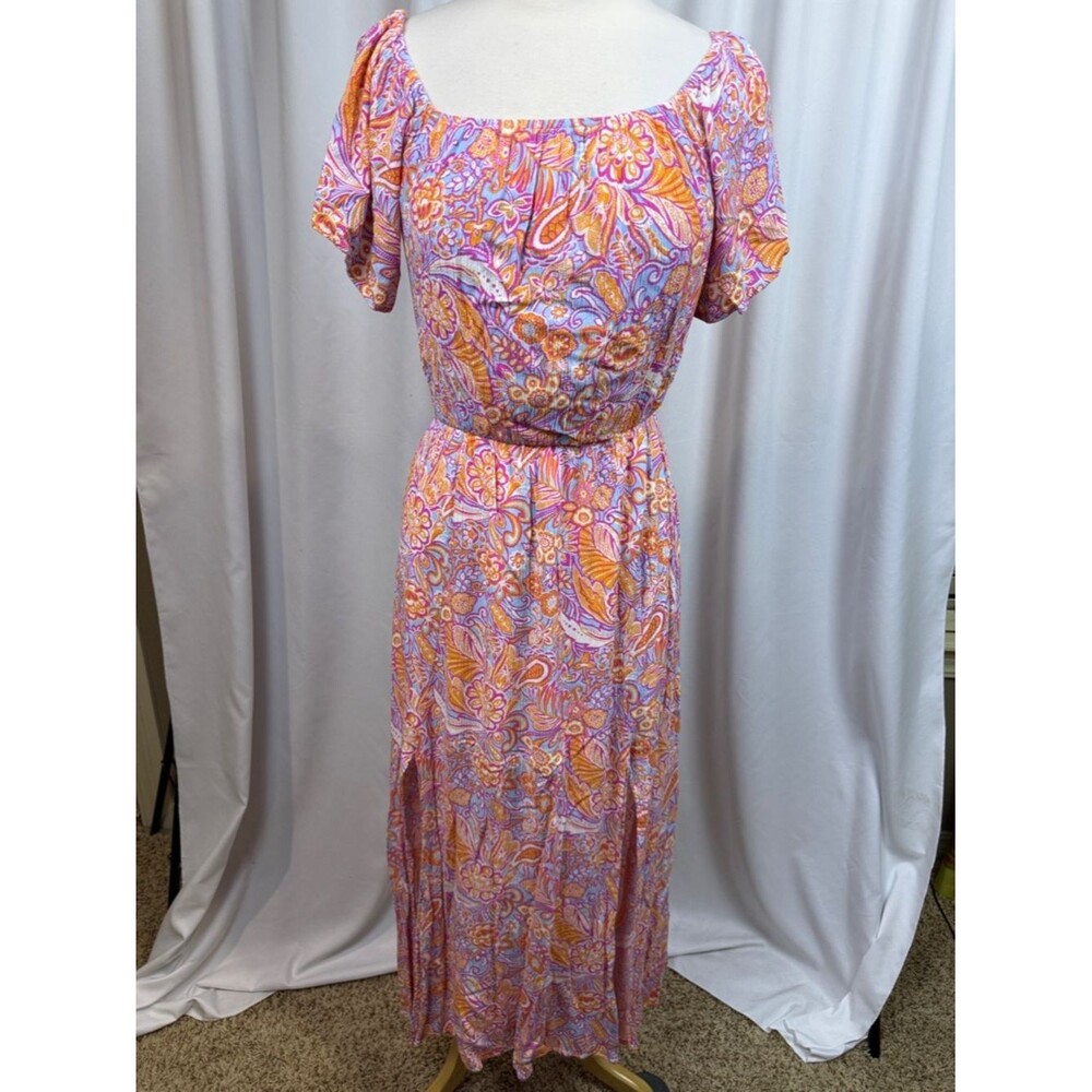 Peach Love California Pink, Orange & Light Blue Paisley Maxi Dress, Medium